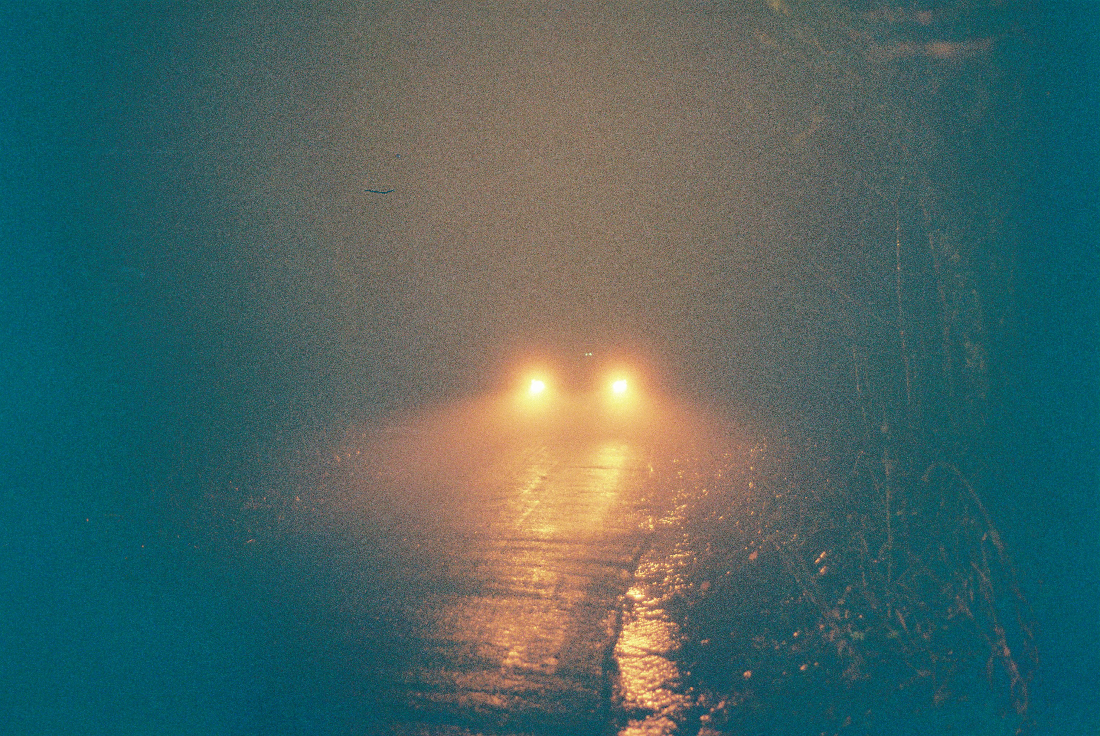 A car is driving through a foggy, deserted road