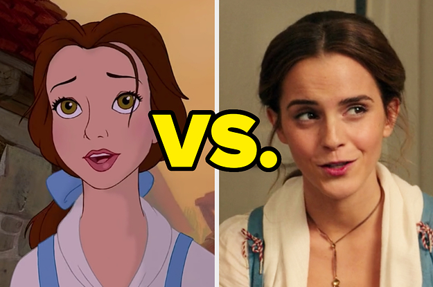 On the left, Belle from Beauty and the Beast singing, and on the right, Emma Watson looking off to the side as Belle in Beauty and the Beast with versus typed in the middle
