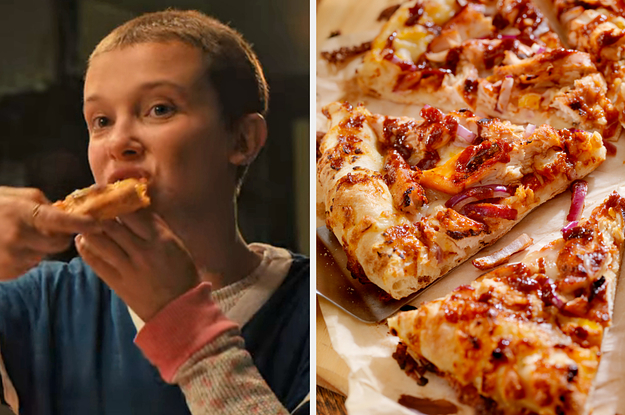 On the left, Eleven from Stranger Things eating a piece of pizza, and on the right, a BBQ chicken pizza