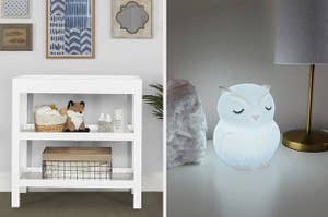 on left: white diaper changing table. on right: owl-shaped nightlight
