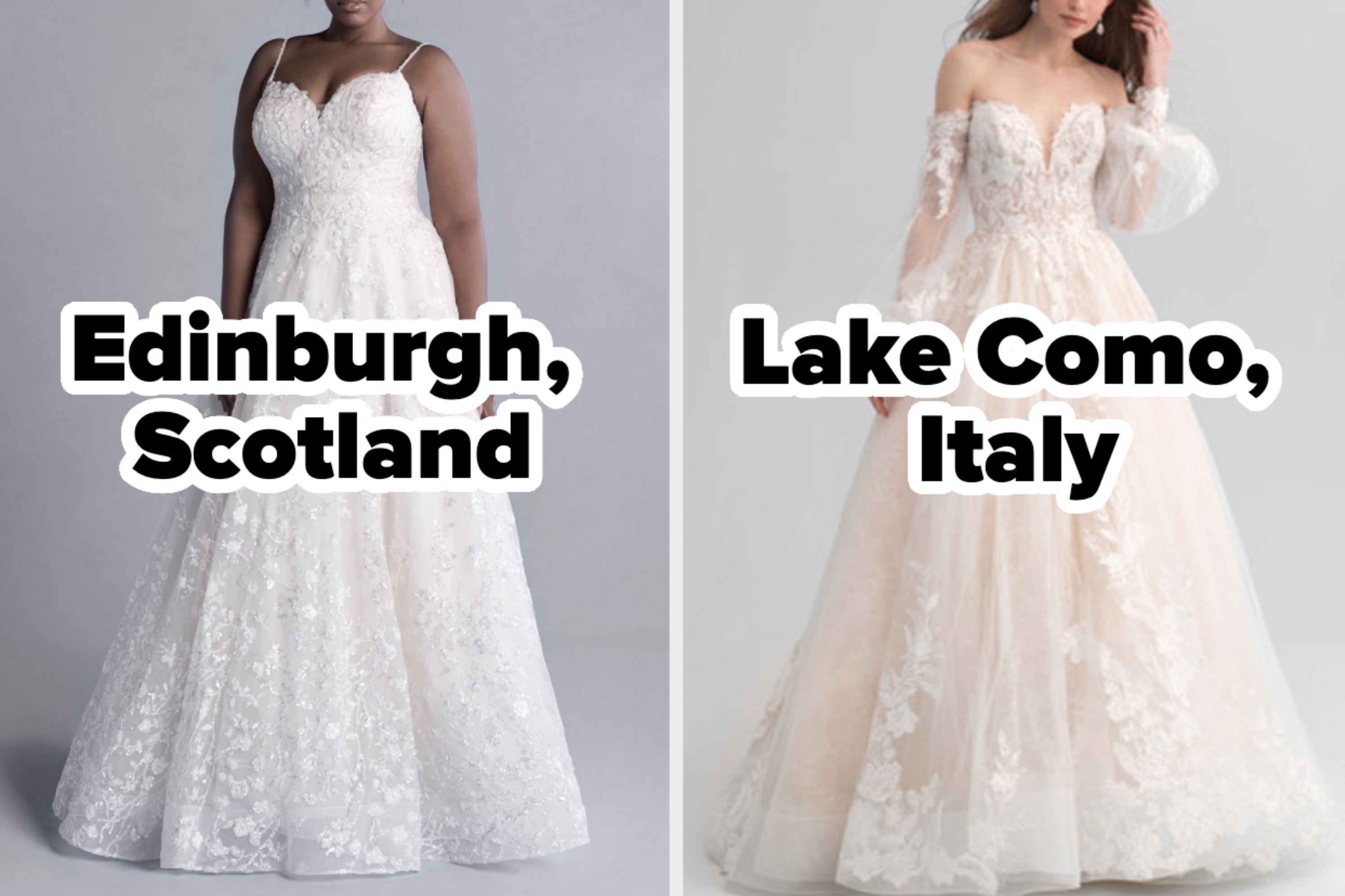 On the left, someone wearing an a-line dress with spaghetti straps and a lacy overlay labeled Edinburgh, Scotland, and on the right, someone wearing an off-the-shoulder ball gown with a deep v-neck and a lacy, tulle skirt labeled Lake Como, Italy
