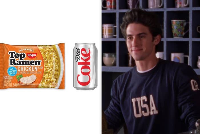 On the left, a packet of chicken Top Ramen and a Diet Coke, and on the right, Jess from Gilmore Girls smiling a closed mouth smile