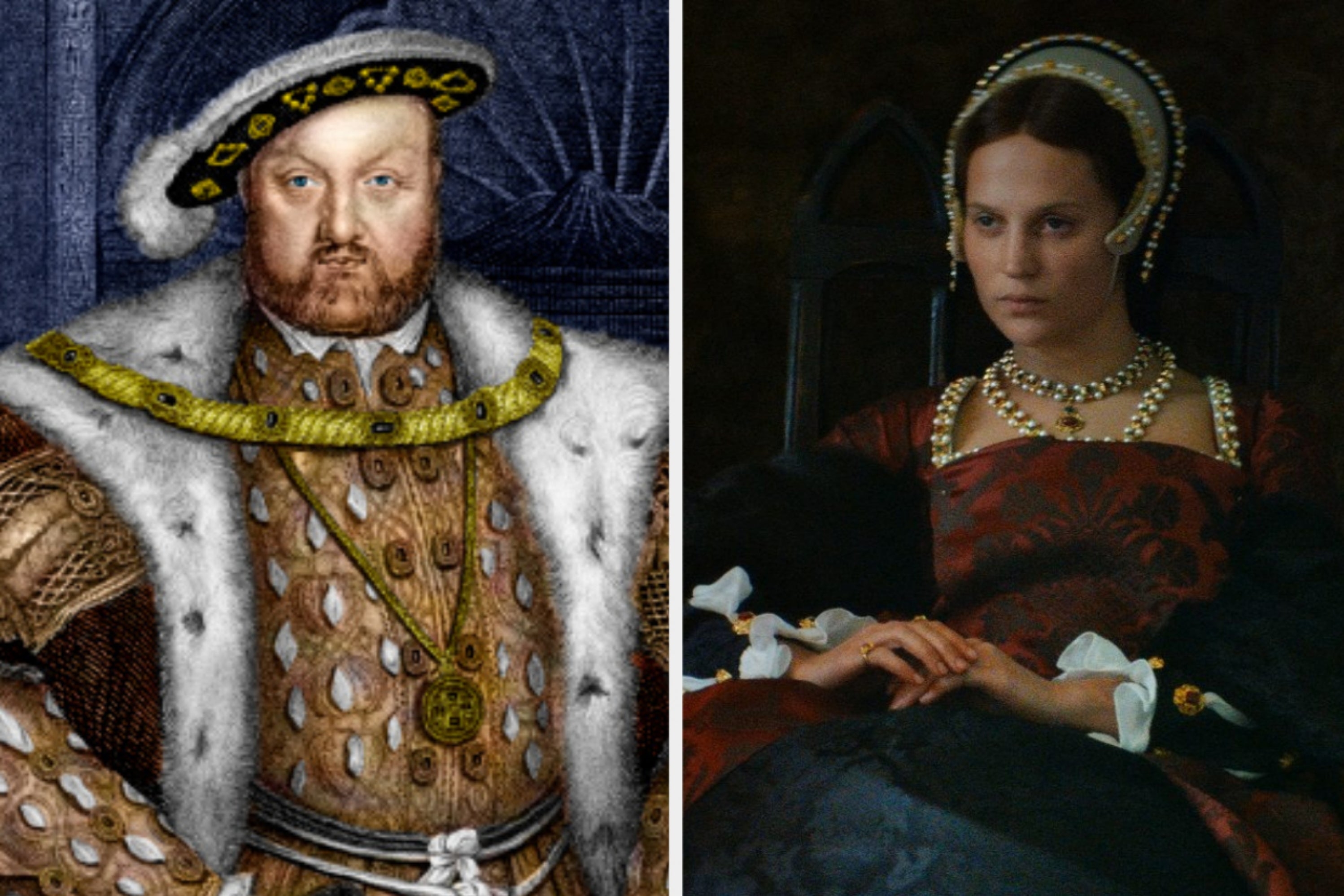 On the left, Henry VIII staring ahead and wearing a regal hat, and on the right, Alicia Vikander posing with her hands clasped in front of her as Catherine Parr in Firebrand