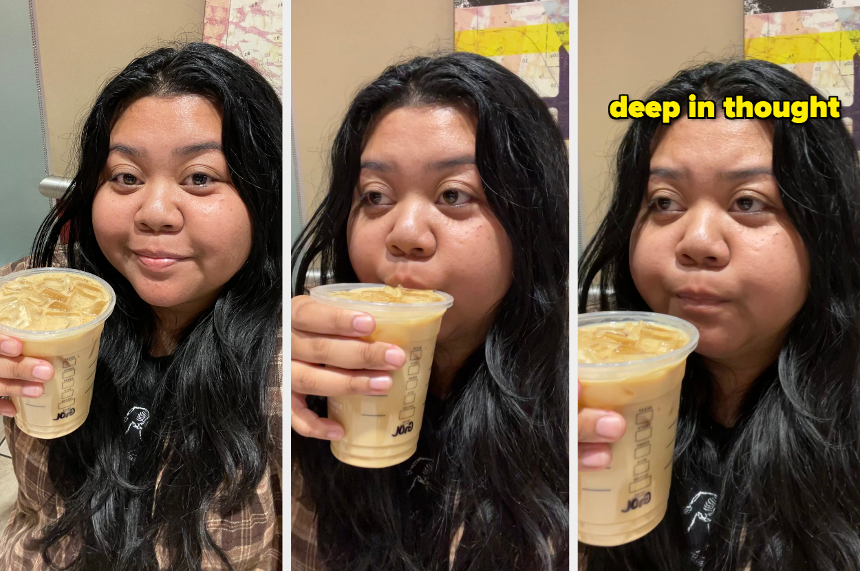 The author is showing another series of photos depicting her reaction to the drink. The last photo reads, &quot;deep in thought&quot;