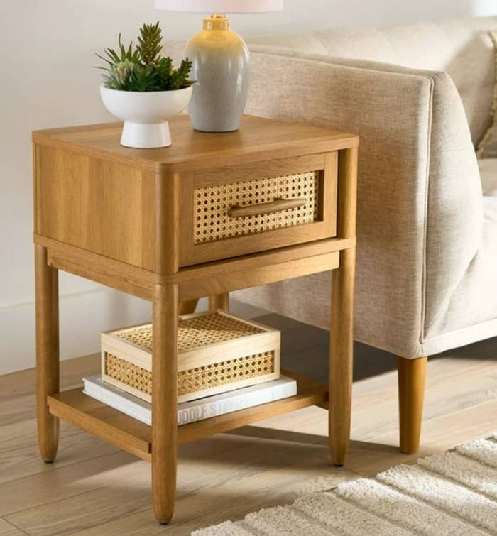 bamboo wooden side table with drawer in living space