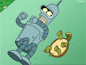 Gif of Bender from Futurama and a turtle both lying on their bags and wiggling their feet and hands in the air like they&#x27;re dancing
