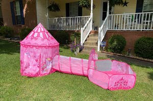 a reviewer's pop up princess tent, tunnel and ball pit