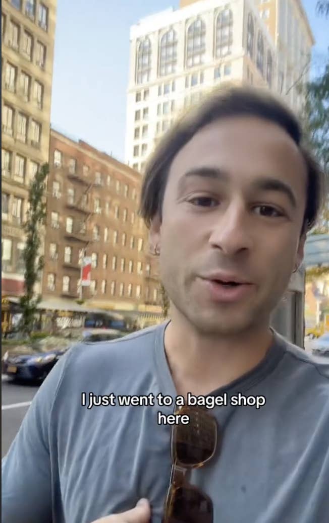 A man saying, &quot;I just went to a bagel shop here&quot;
