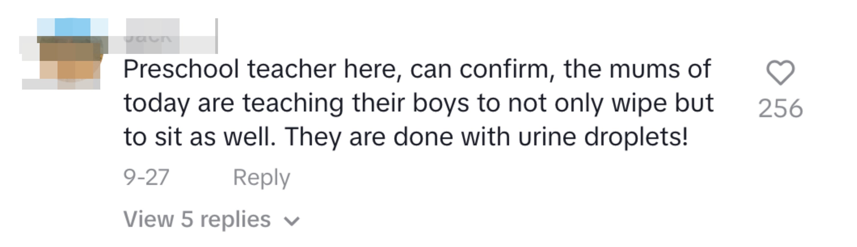 &quot;can confirm here, the mums of today are teaching their boys to not only wipe but to sit as well. They are done with urine droplets&quot;