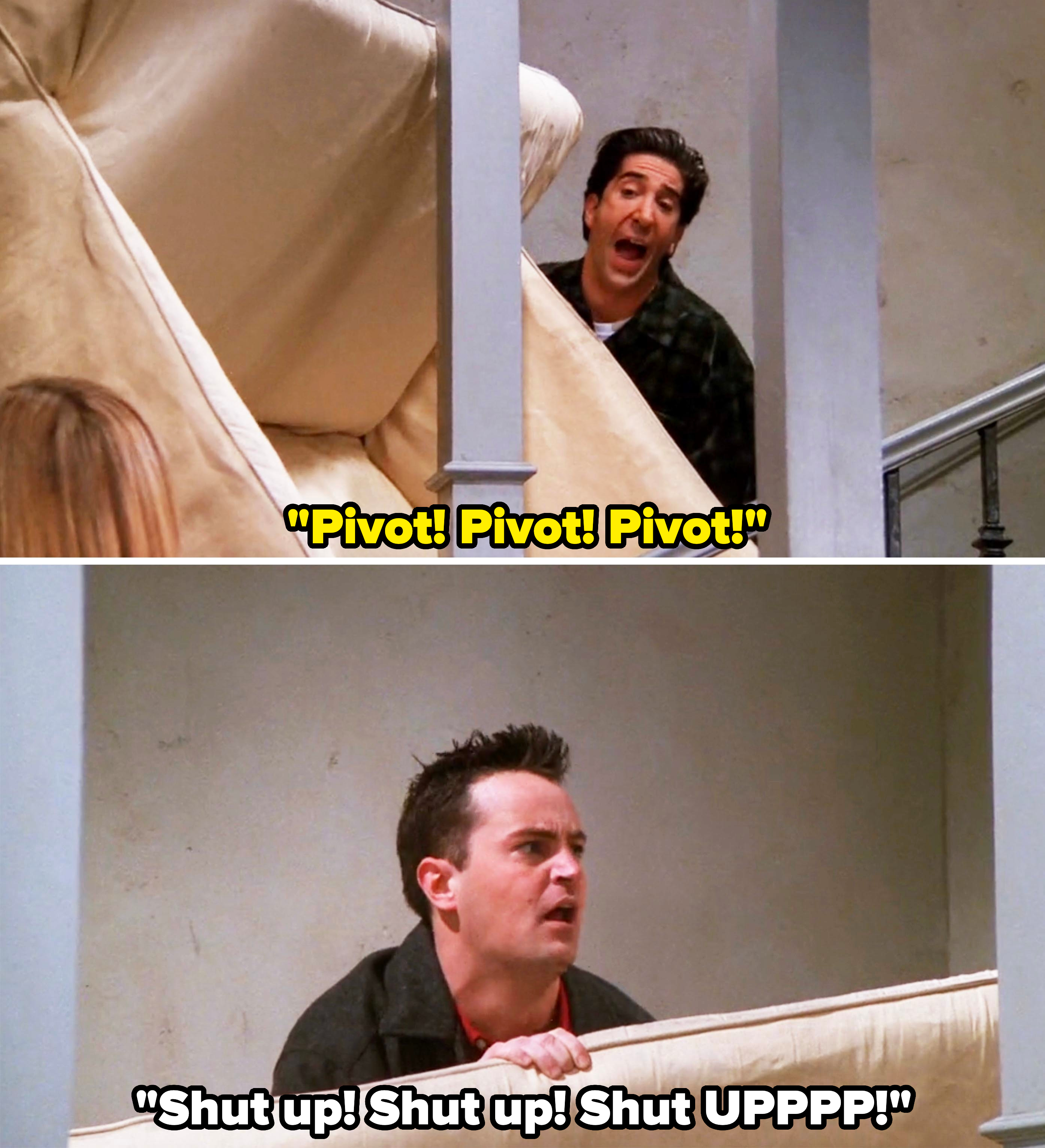 ross yelling pivot as they carry a couch and chandler saying shut up