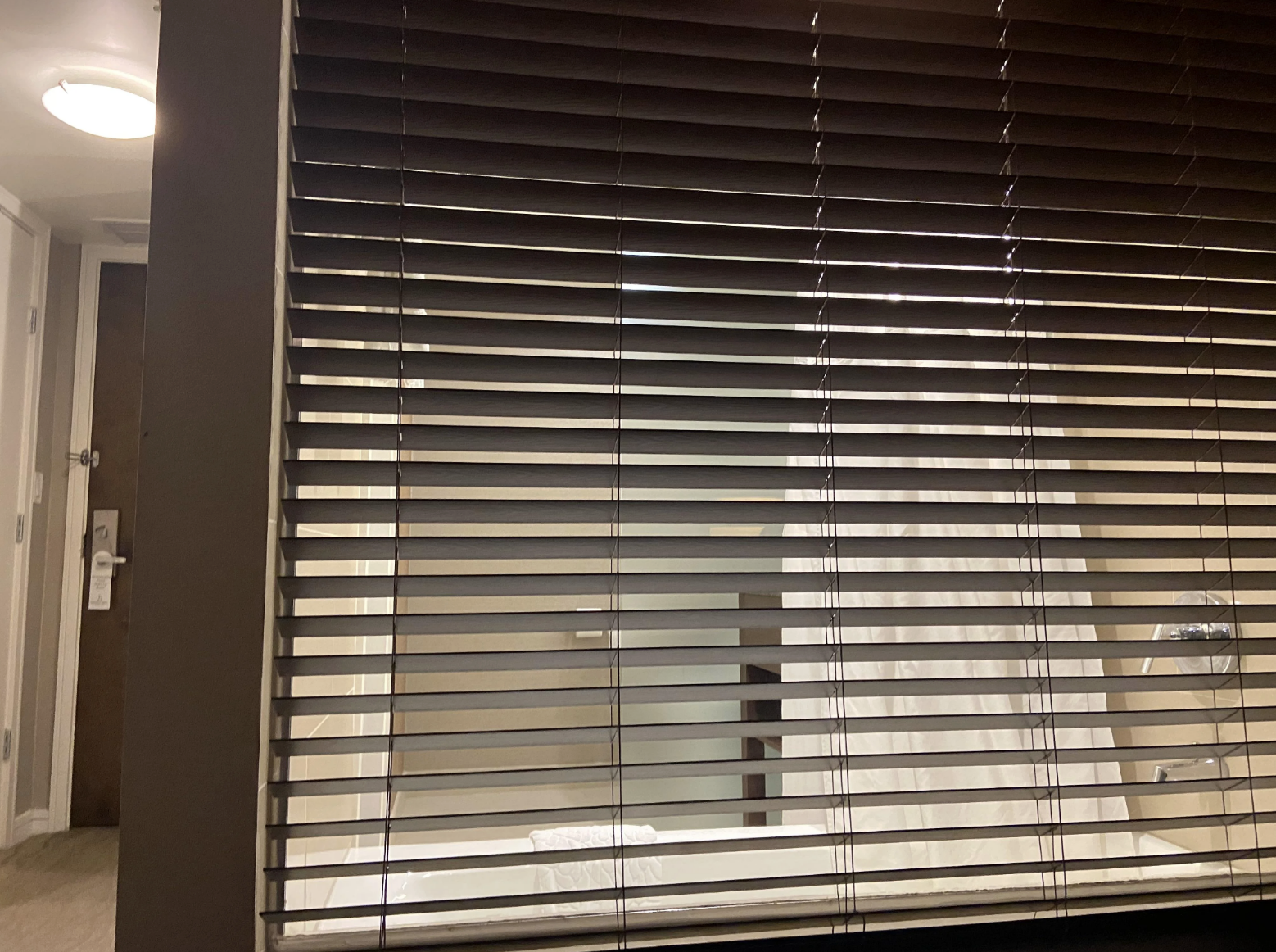 blinds over the window where you can see into the bathroom
