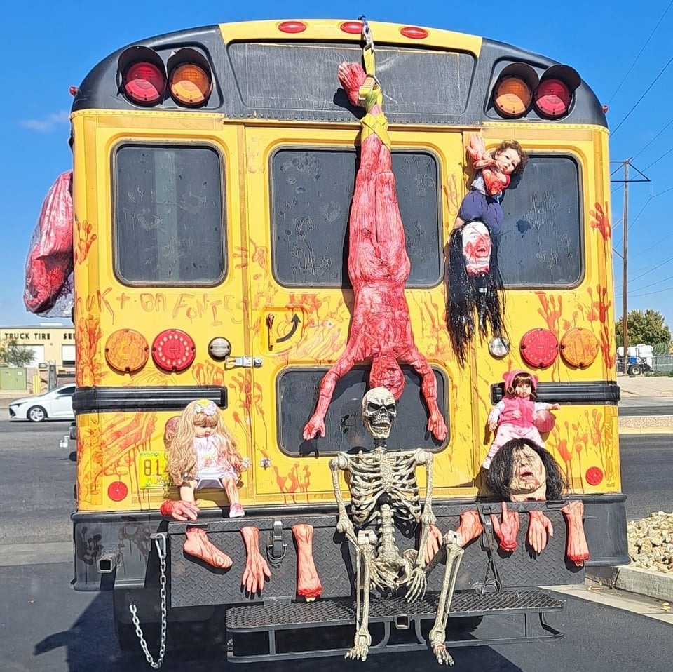 Halloween decorations on a school bus