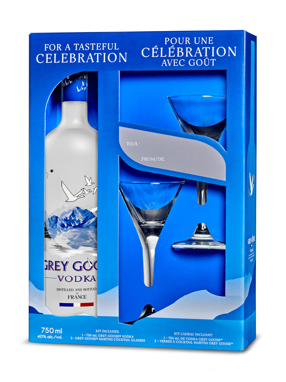 box of grey goose vodka with two martini glasses
