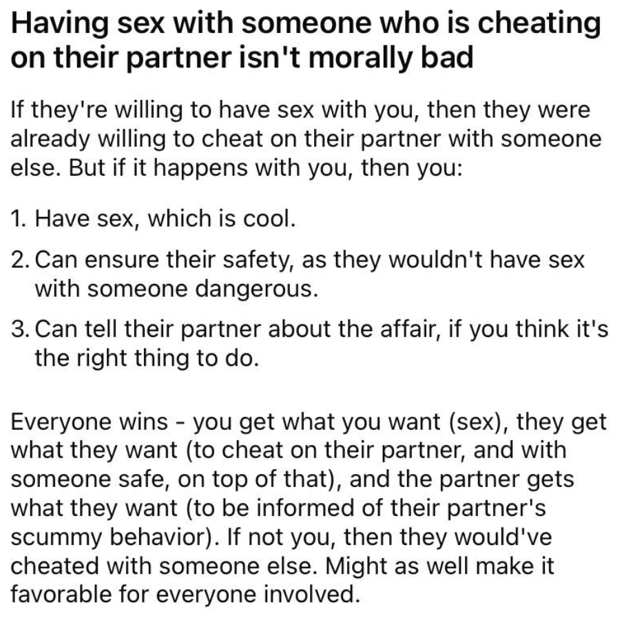 &quot;Having sex with someone who is cheating on their partner isn&#x27;t morally bad&quot;