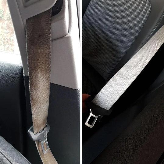before and after a seatbelt was cleaned