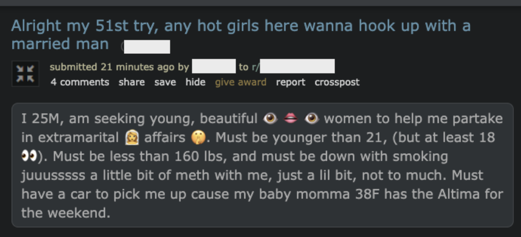 &quot;am seeking young, beautiful women to help me partake in extramarital affairs.&quot;