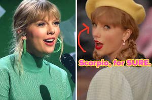 Taylor at a piano on SNL during the "Lover" era in 2019, next to a separate image of her wearing a beret and singing in the "Karma" video in 2023.