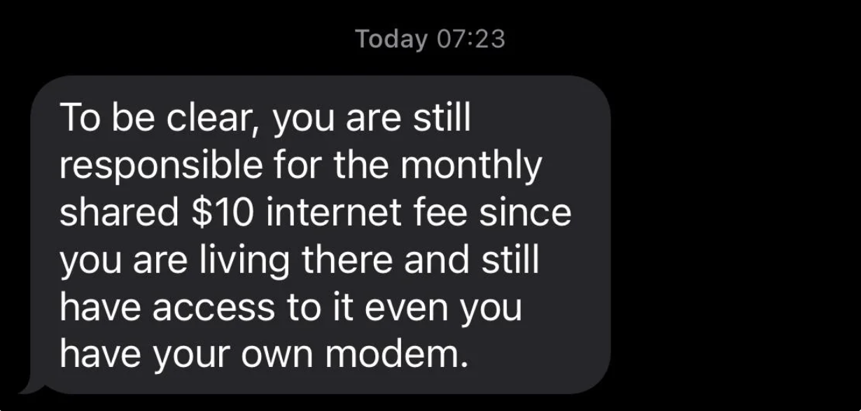 text message from the landlord for the $10 fee