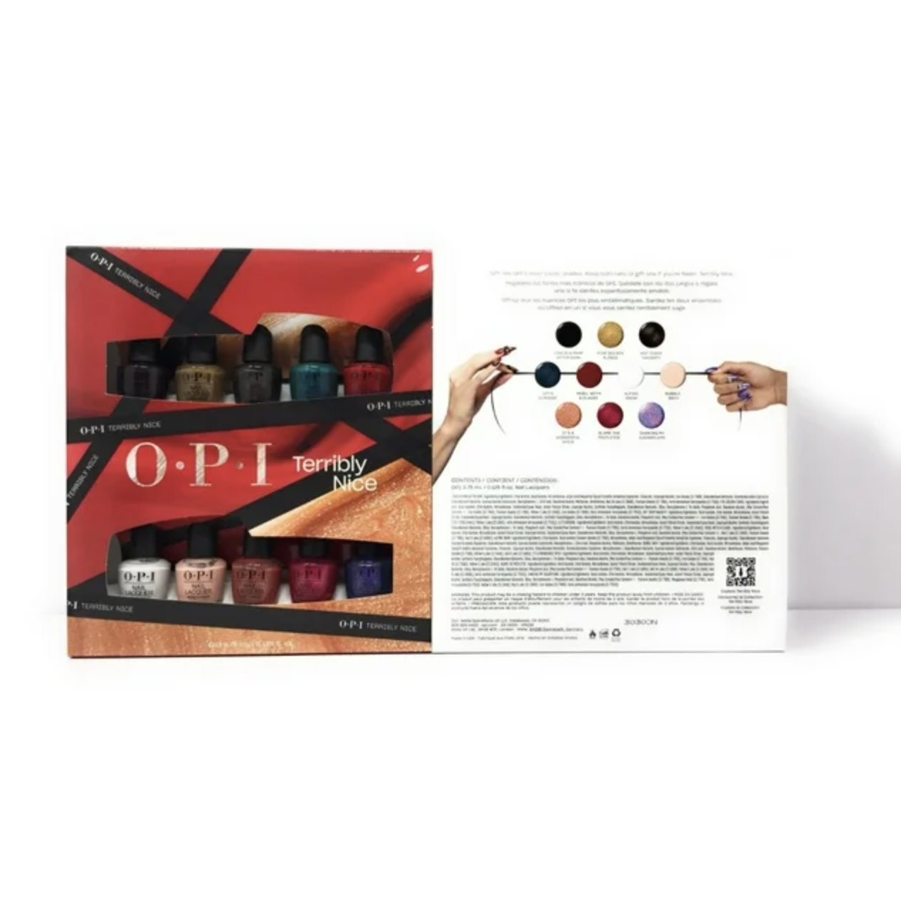 OPI nail polishes in black, gold, purple, red, white, dark green, and peach shades