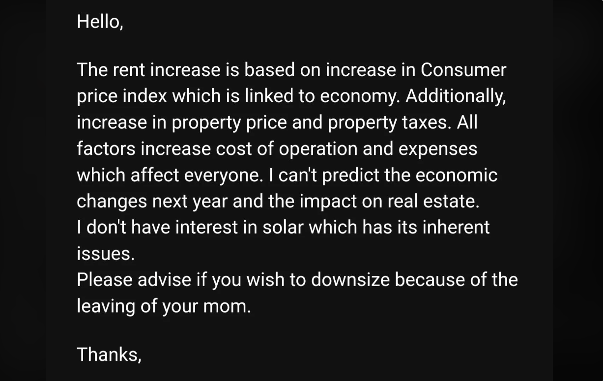 message explaining the rent increase