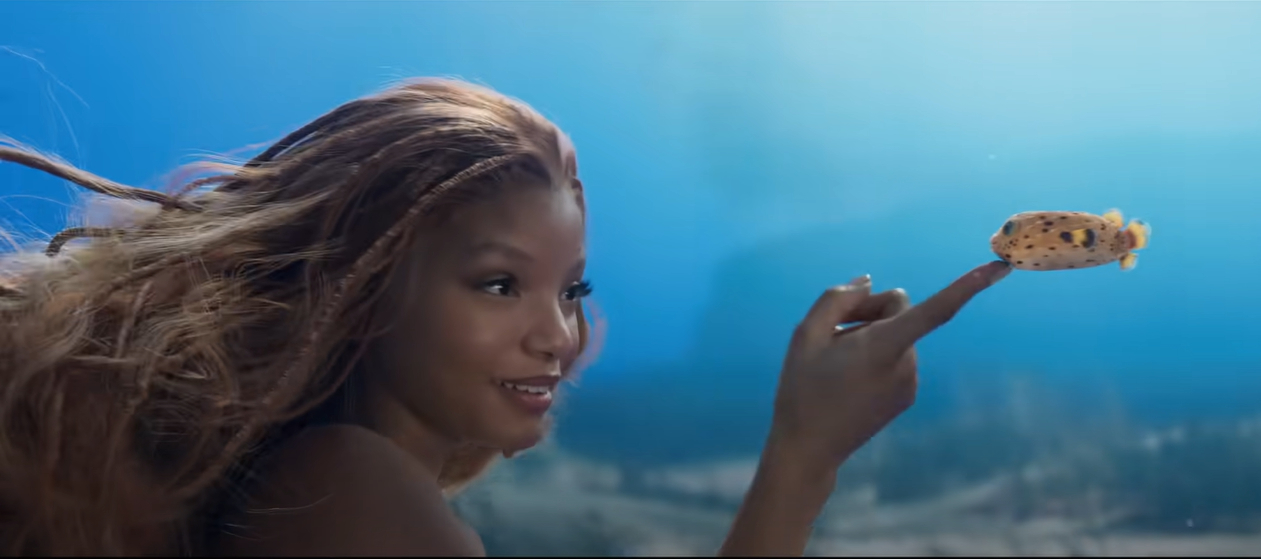 Smiling Ariel petting a small Flounder underwater