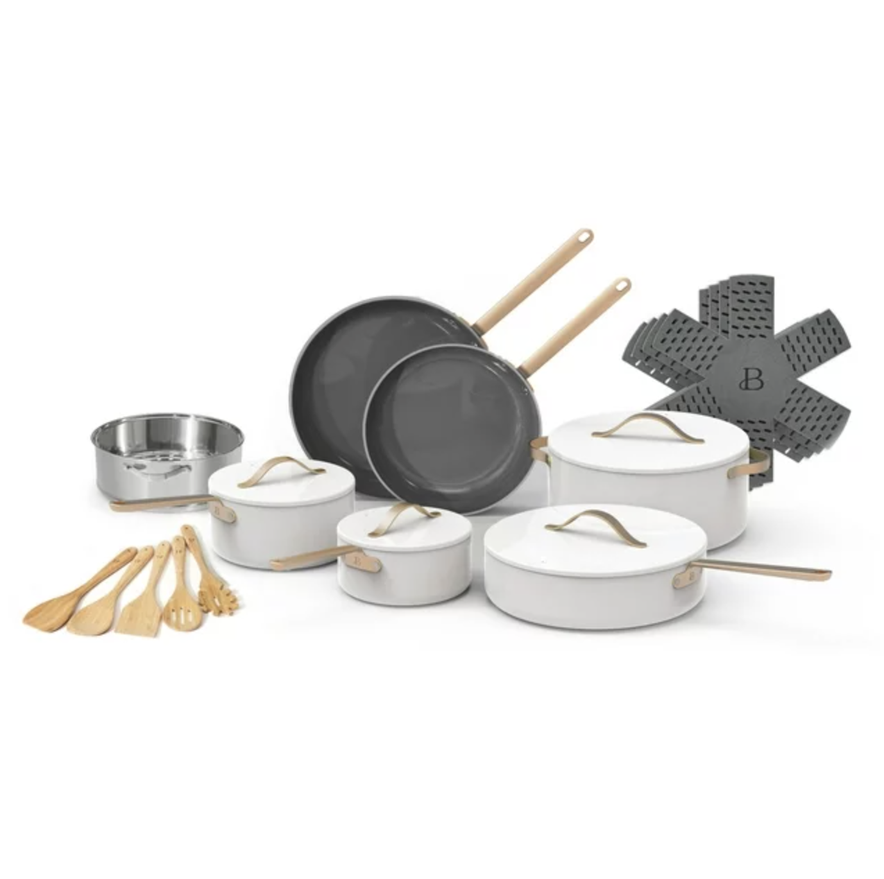 Cookware set with two pans, five pots, lids, and wooden utensils