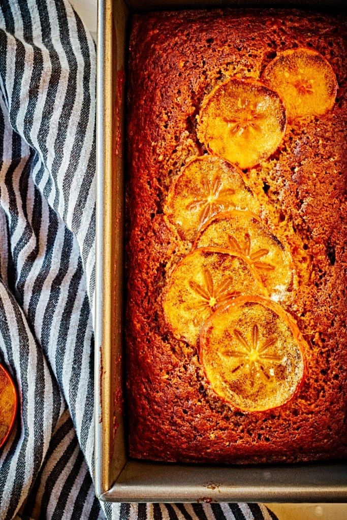 persimmon bread topped with thinly sliced persimmons in star shape