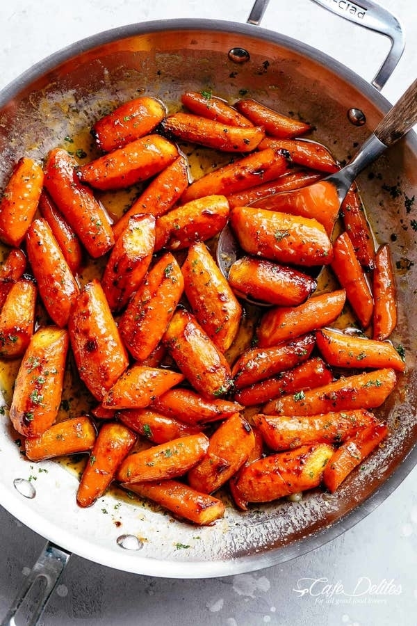 roasted honey garlic carrots in a skillet