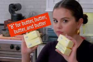 Selena Gomez holding up sticks of butter.
