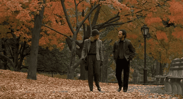 The main characters in the film When Harry Met Sally walking through Central Park during fall