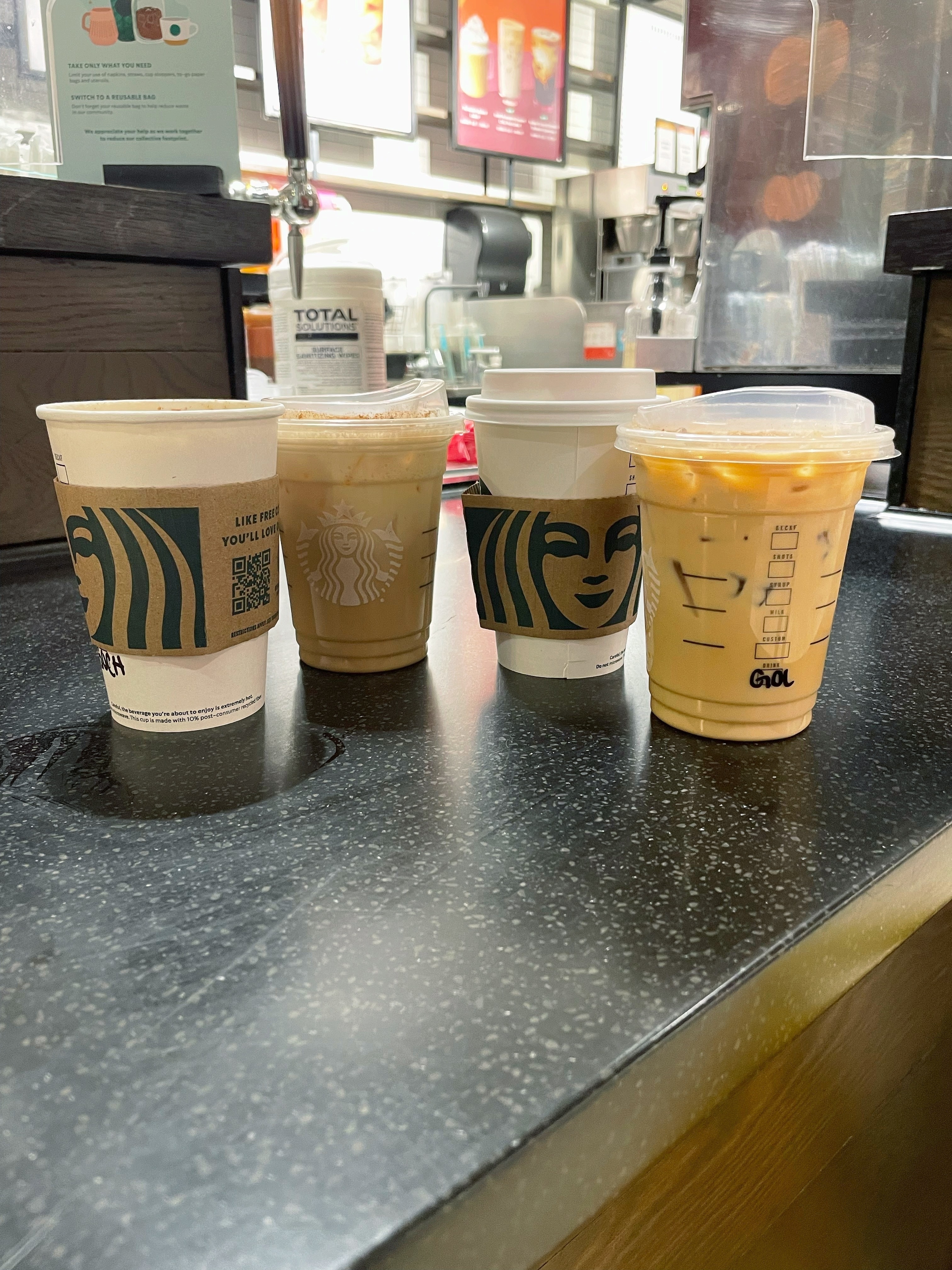 The new winter Starbucks drinks are lined up at hand-off