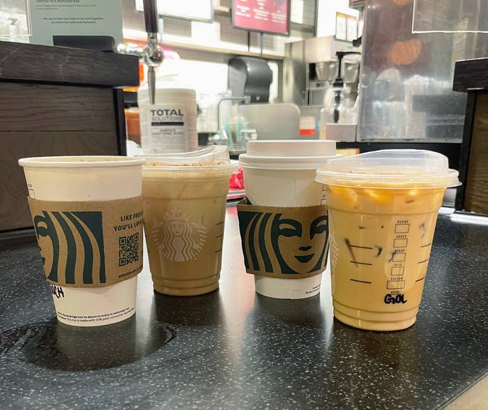 The new winter Starbucks drinks are lined up at hand-off
