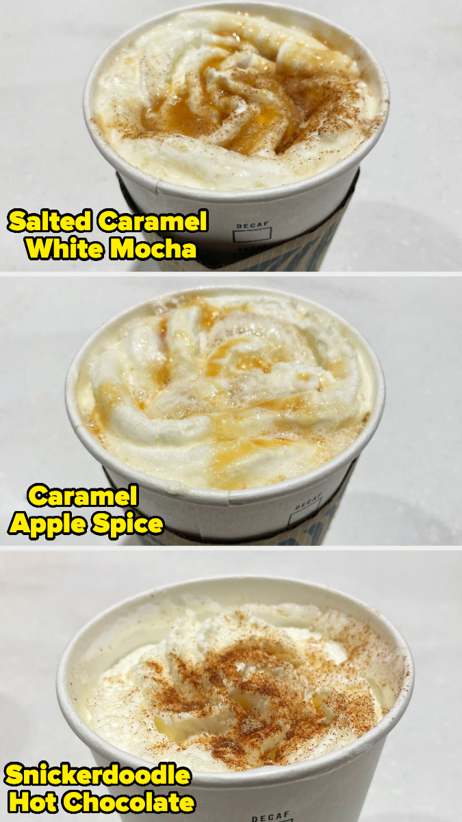 The Salted Caramel White Mocha, Caramel Apple Spice, and Snickerdoodle Hot Chocolate are being shown