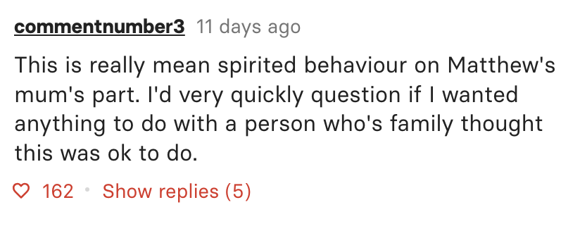 &quot;That is really mean spirited behaviour on Matthew&#x27;s mum&#x27;s part.&quot;