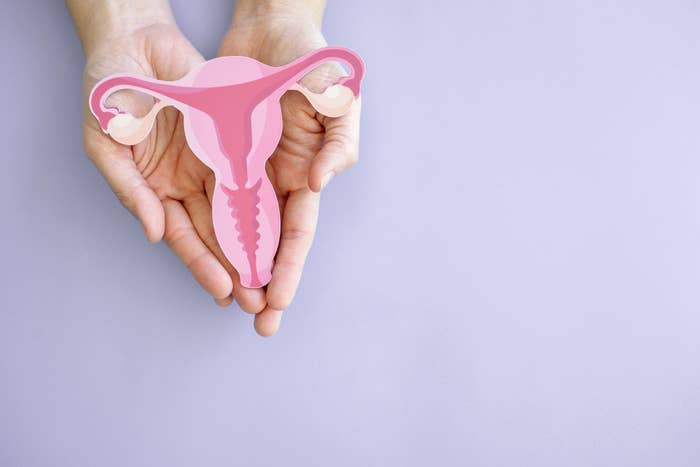 A close-up of a hand holding a paper cut out of a uterus