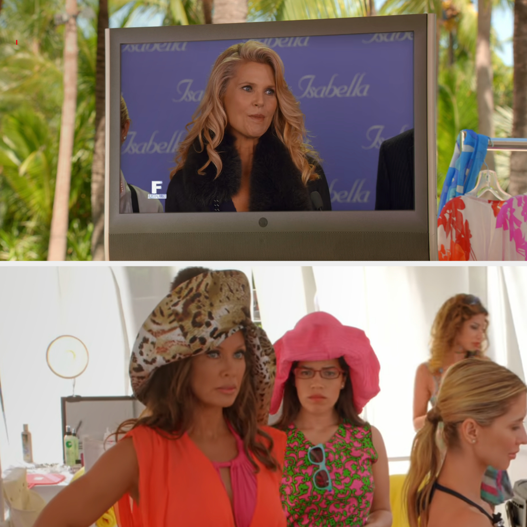 Christie Brinkley on a TV screen side by side with Wilhelmina and Betty