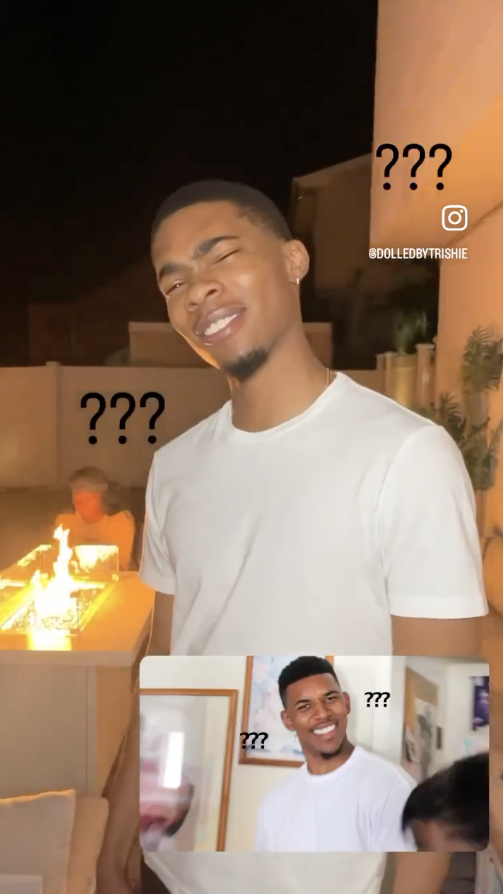 person in a white tee looking confused