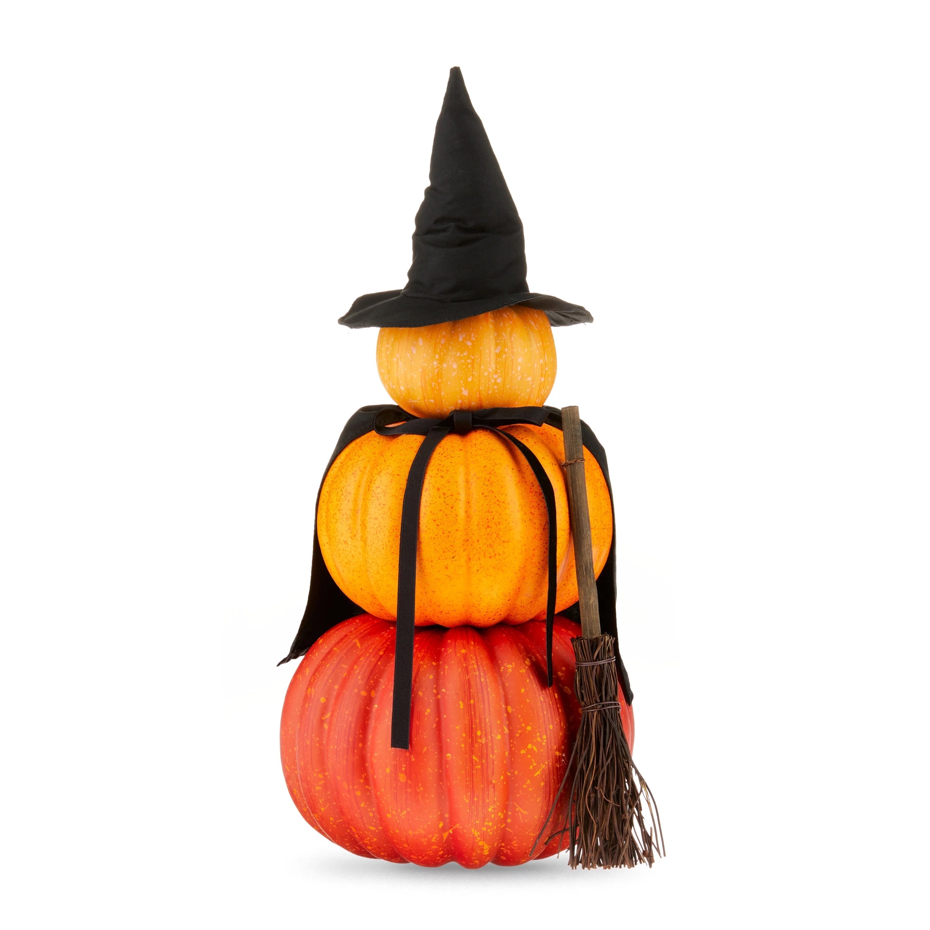 a triple stack of pumpkins with a witch&#x27;s hat and broom