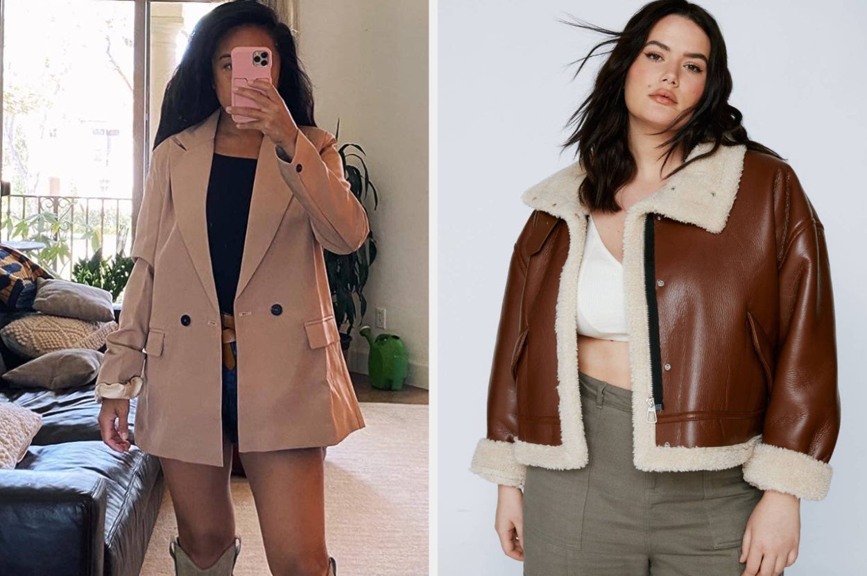 a reviewer wearing the blazer in tan / model wearing the brown aviator jacket