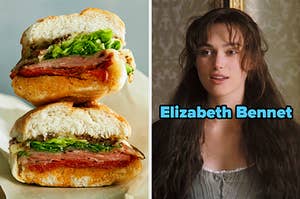 On the left, an Italian sub cut in half, and on the right, Keira Knightley as Elizabeth Bennet