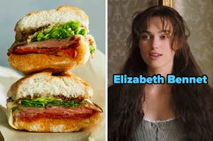 On the left, an Italian sub cut in half, and on the right, Keira Knightley as Elizabeth Bennet