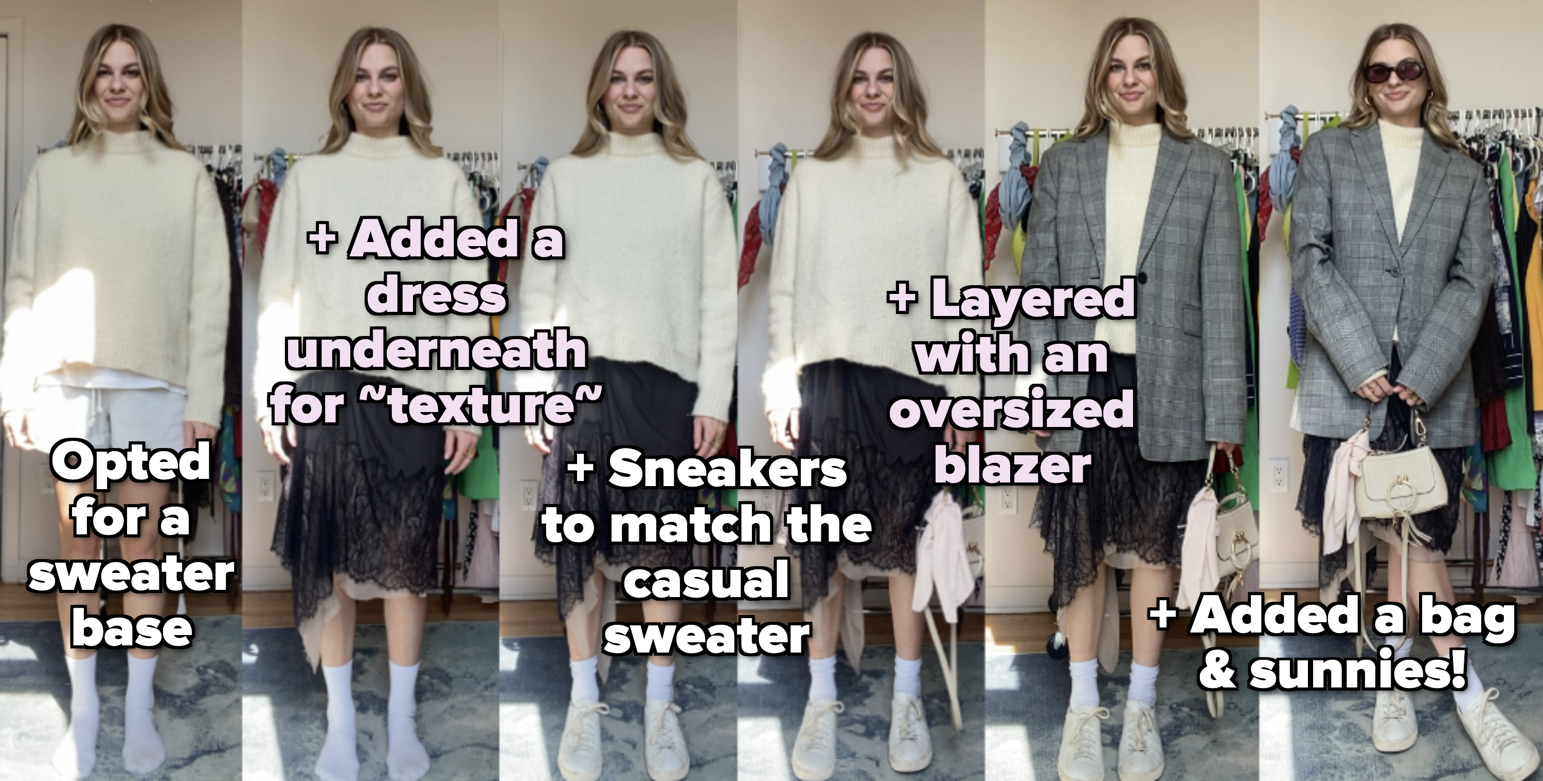 Me deconstructing how I styled the outfit by mismatching a sweater, blazer, dressy skirt, and sneakers