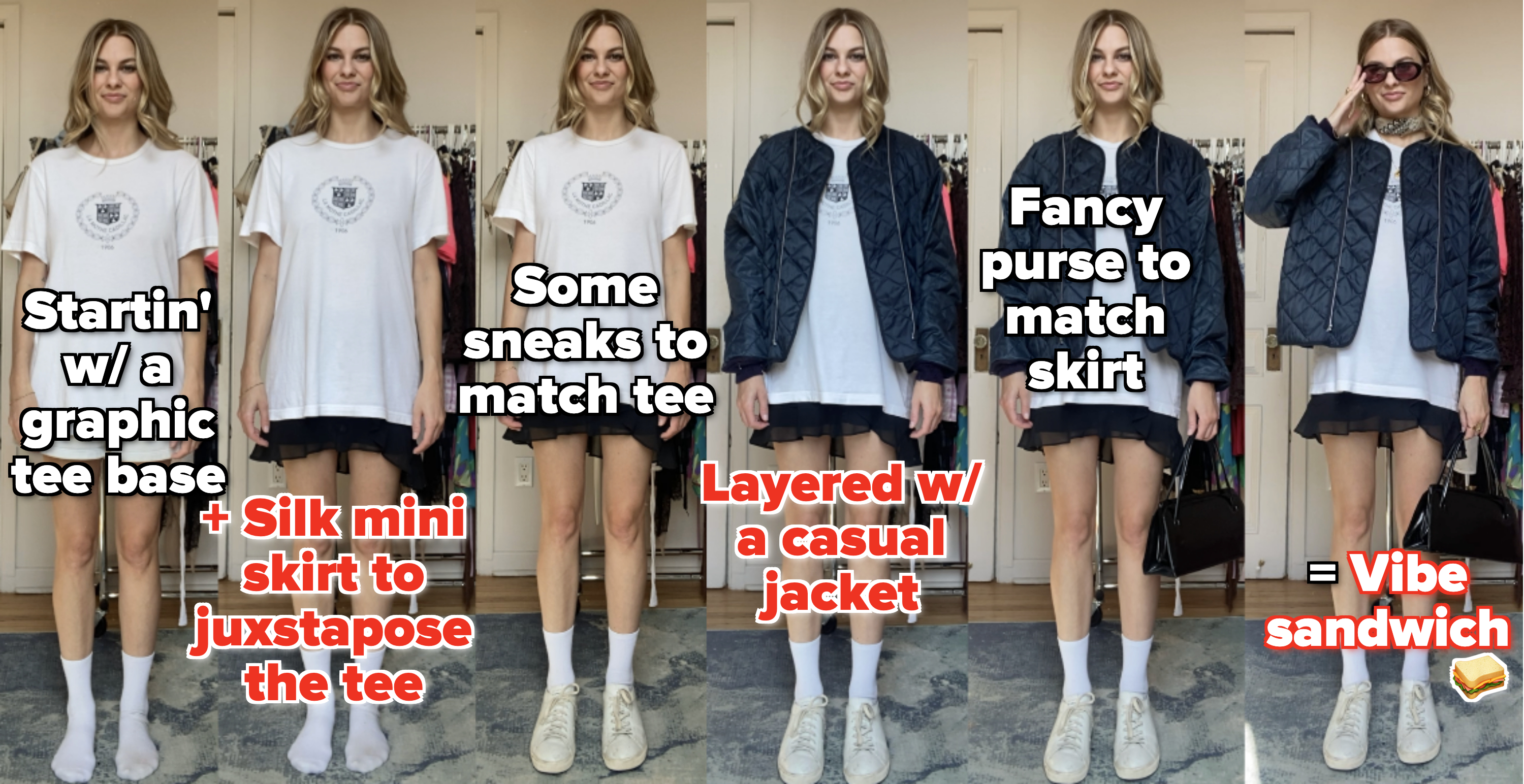 Me deconstructing how I styled the second outfit by mismatching a casual tee with a mini skirt