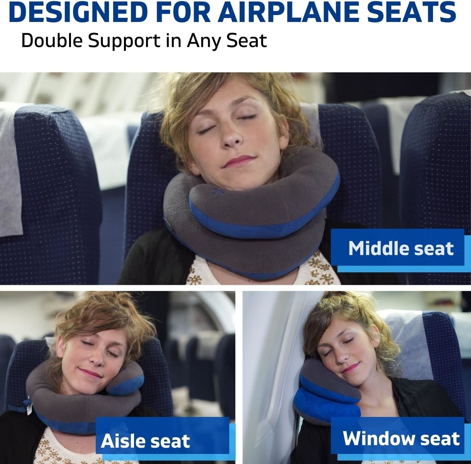Model using the pillow on a plane in three different images: one wrapped around their neck with a double layer in front, another the double layer on the side, and it doubled in half to lean against the window seat