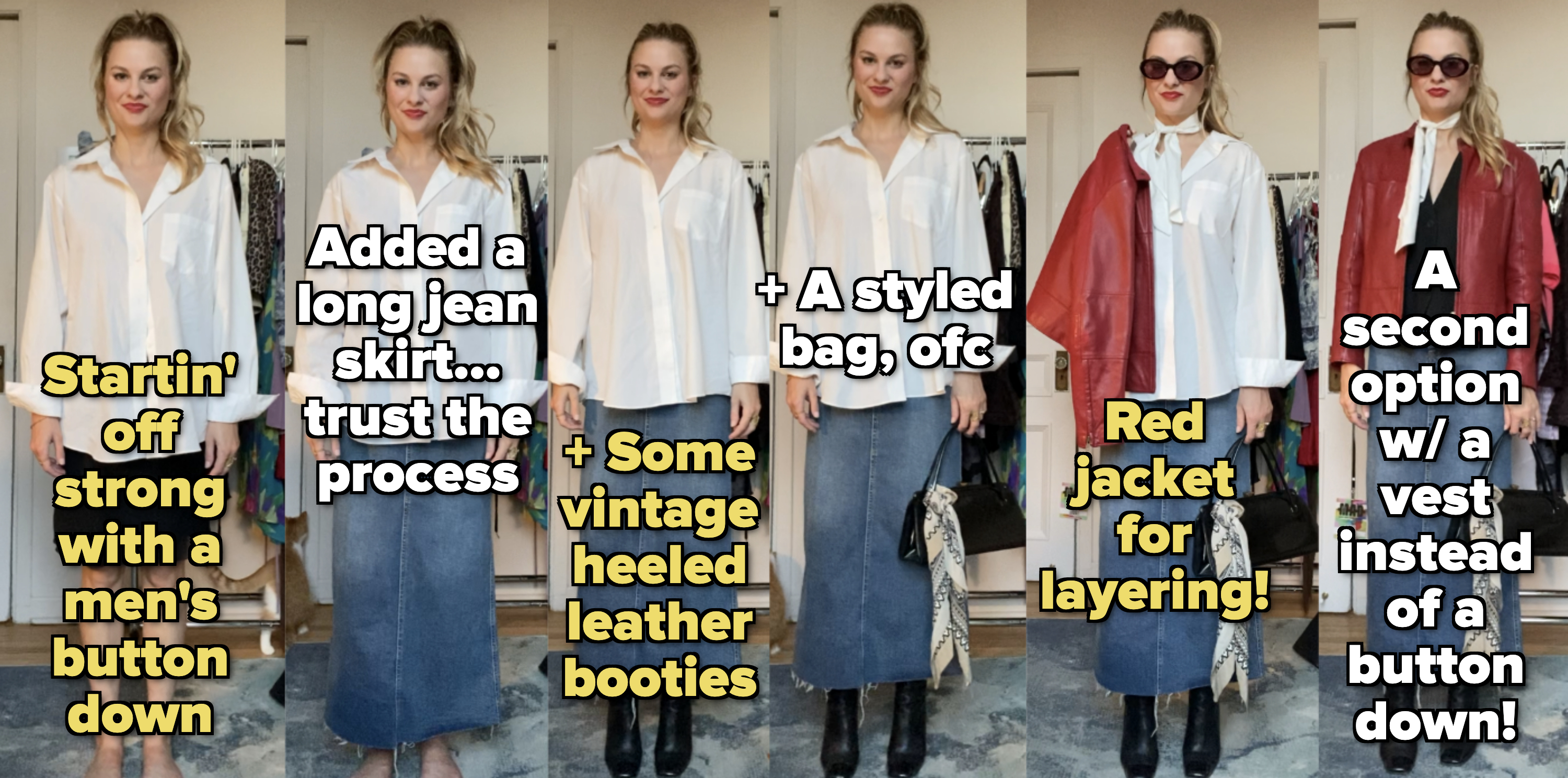 Me deconstructing how I styled the fifth outfit by mismatching tailored pieces with a maxi jean skirt
