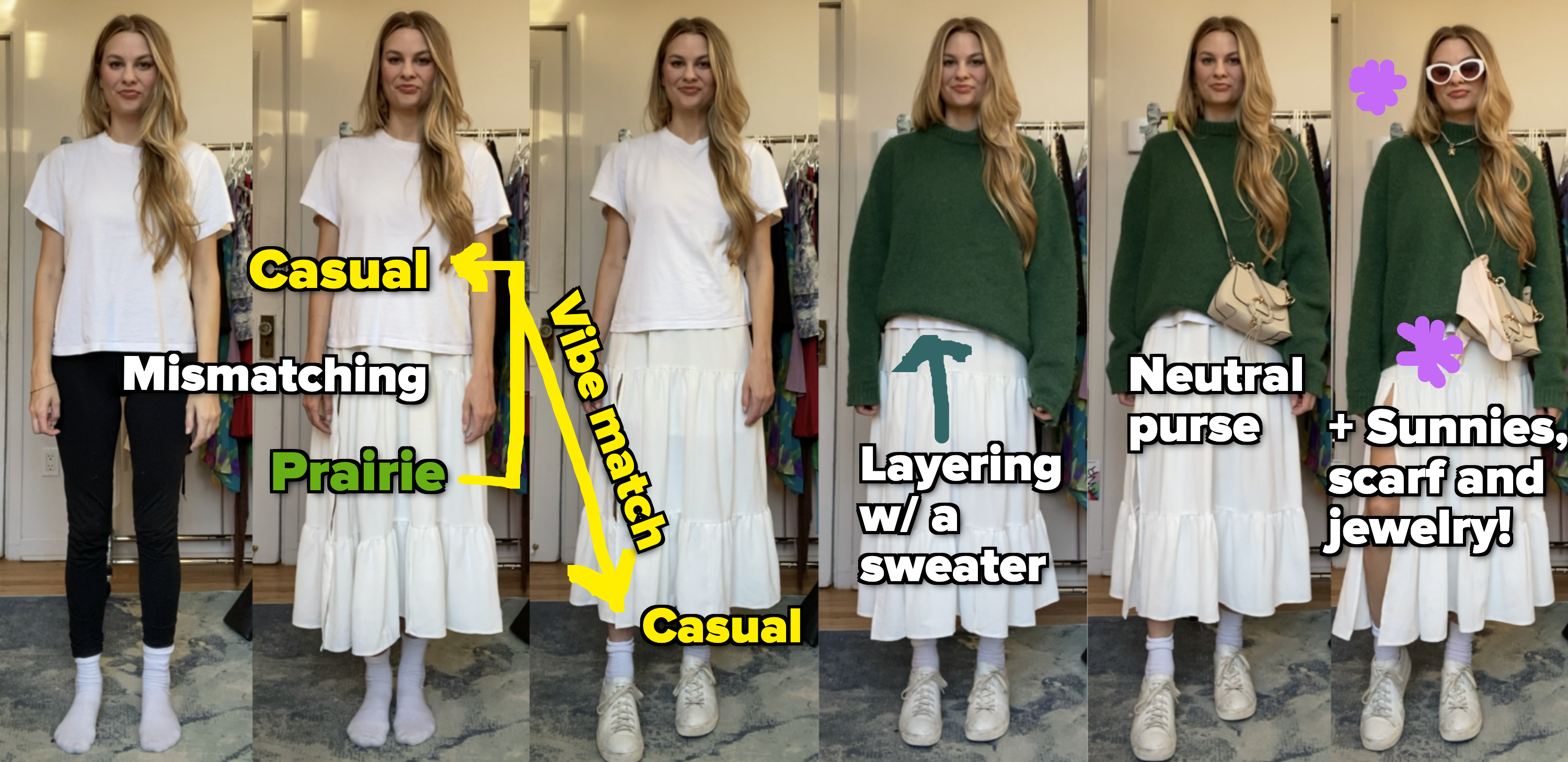 Me deconstructing how I styled the first outfit by mismatching a casual tee with a prairie skirt