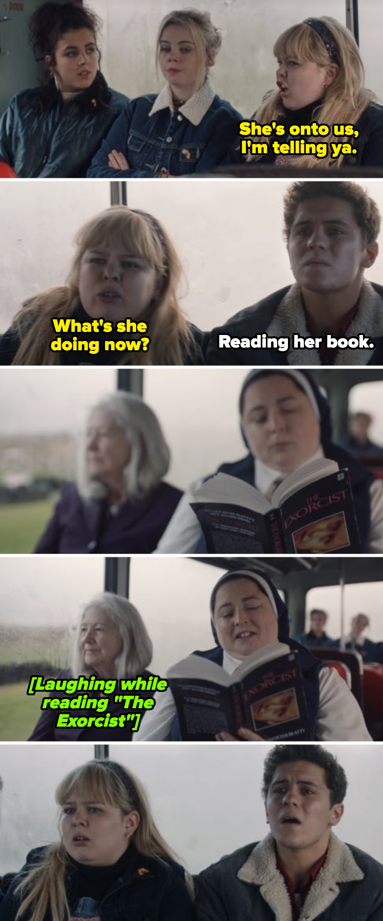 Saoirse-Monica Jackson, Jamie-Lee O'Donnell, Nicola Coughlan, Dylan Llewellyn, and Siobhán McSweeney on "Derry Girls"