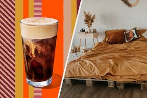 Cold Brew with foam and autumnal bedroom.