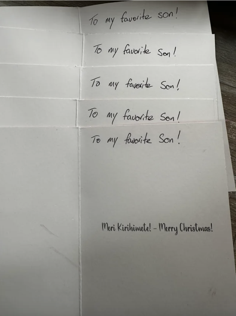 Five cards all showing &quot;To my favorite son!&quot; written at the top