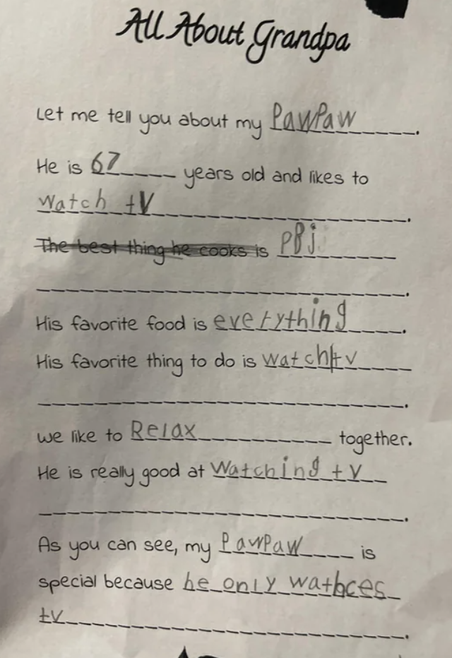 Student tells all about their Paw Paw, who is 67, makes great PB&amp;amp;J sandwiches, likes to eat everything, and likes to relax and watch TV — it&#x27;s his favorite thing to do and he&#x27;s really good at it, and that&#x27;s all he does